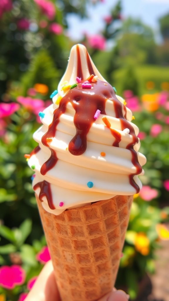 A delicious scoop of vanilla ice cream in a cone, drizzled with chocolate and sprinkled with colorful toppings.